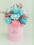 Round Box Candle Pink and Blue Flower Bouquet