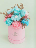 Round Box Candle Pink and Blue Flower Bouquet