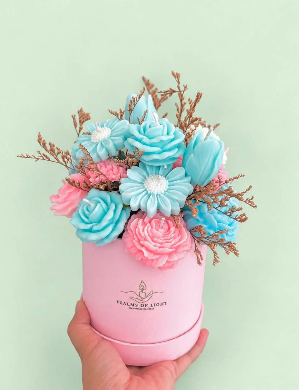 Round Box Candle Pink and Blue Flower Bouquet