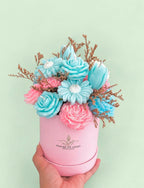 Round Box Candle Pink and Blue Flower Bouquet