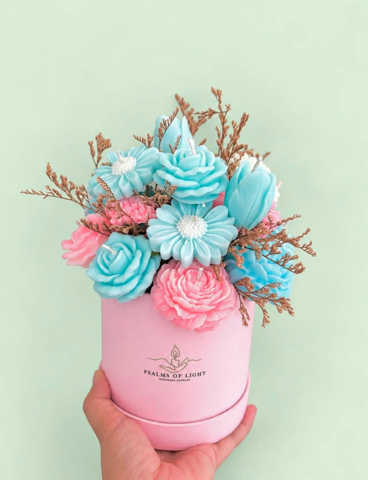 Round Box Candle Pink and Blue Flower Bouquet